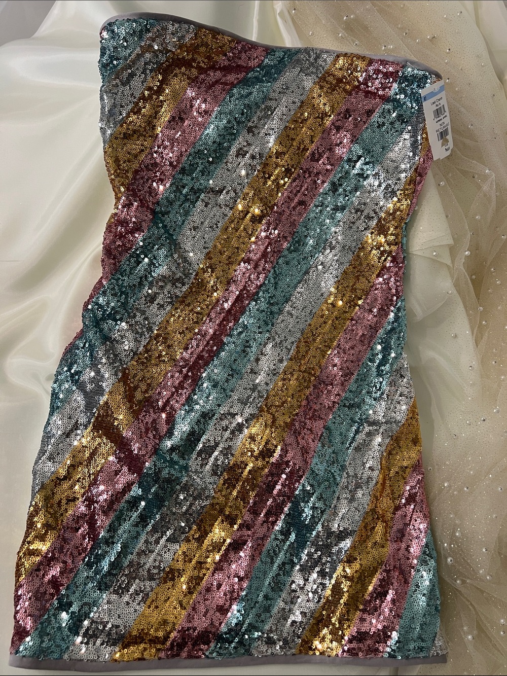 Flying Tomato Girls Sequin Diagonal Stripe Dress in Teal, Pink, Gold & Silver